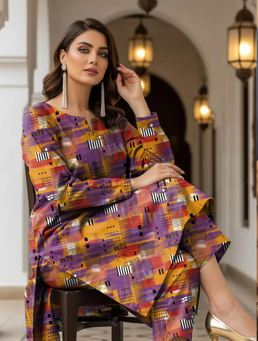 Printed Dobby Lawn 2Pcs Shirt Trouser Set Red
