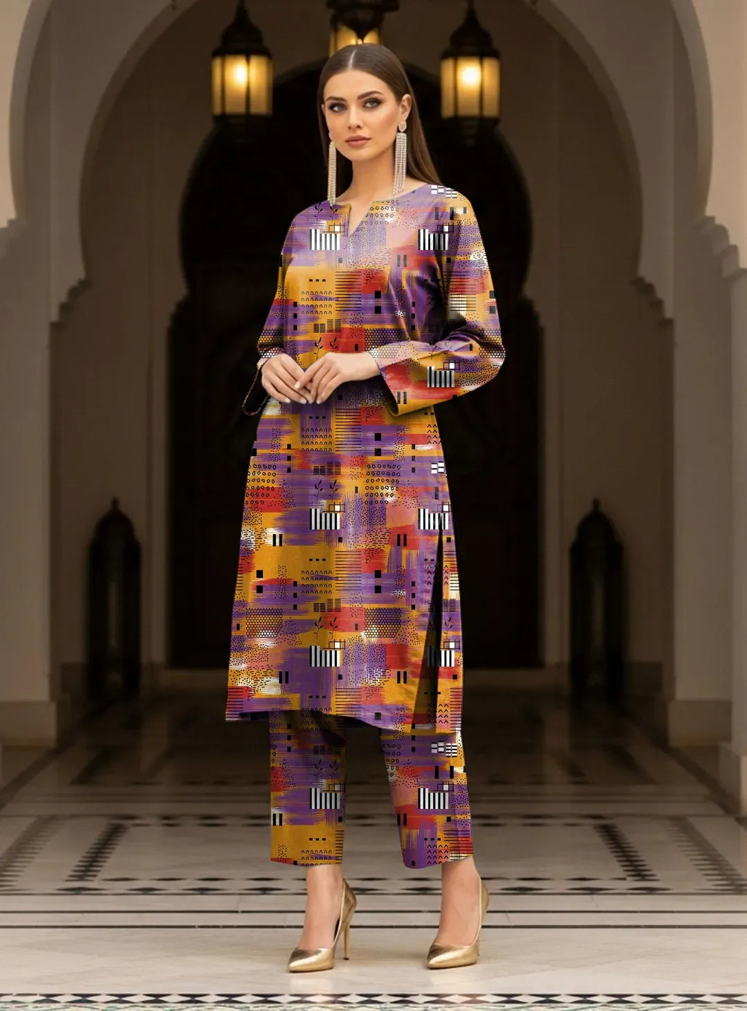 Printed Dobby Lawn 2Pcs Shirt Trouser Set Red