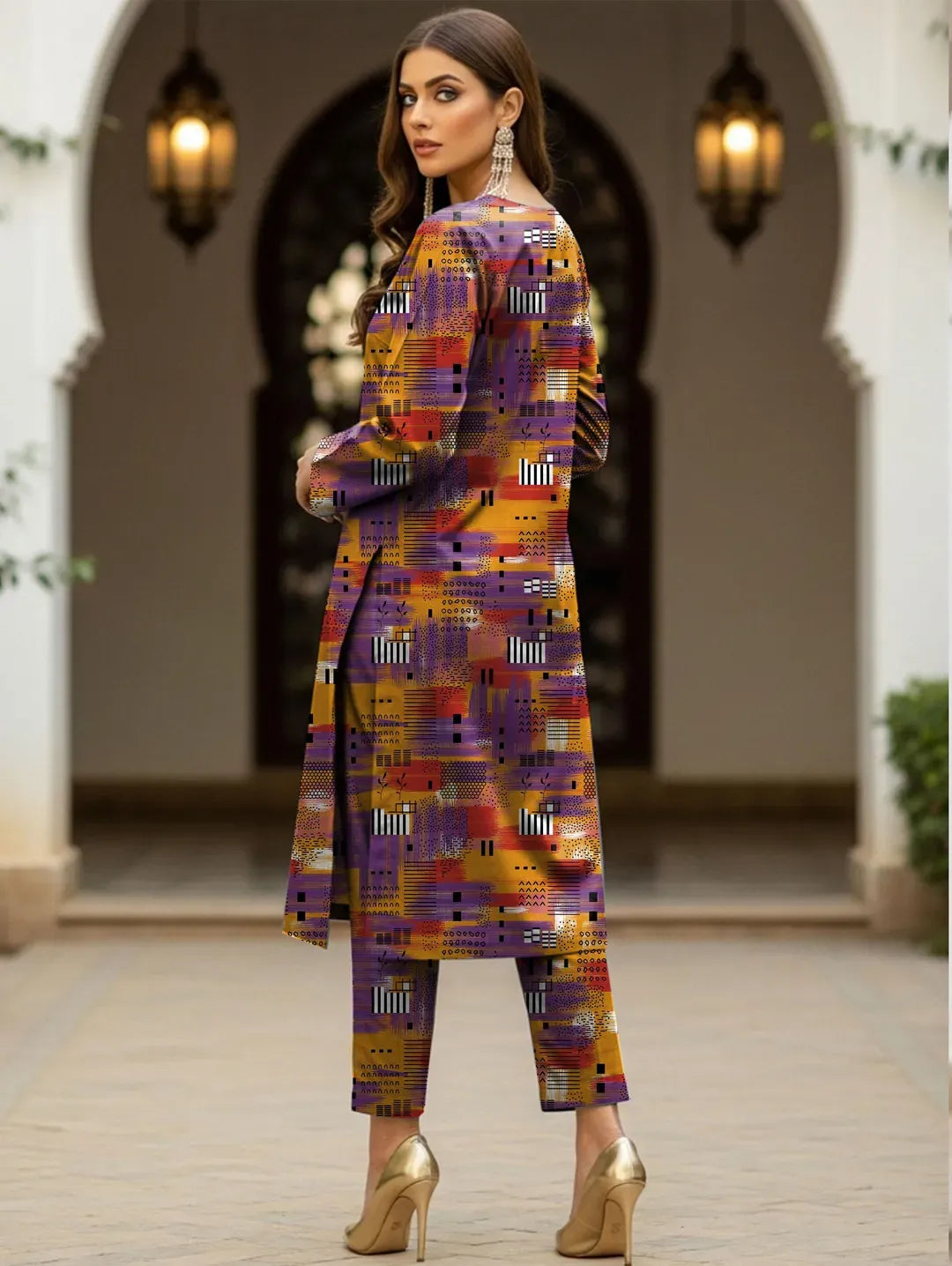 Printed Dobby Lawn 2Pcs Shirt Trouser Set Red